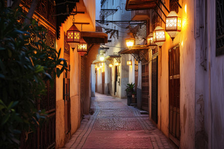 Deserted alleyway in an old city in Middle East illuminated by the soft glow of Arabic lightsの素材