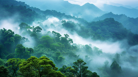 Experience the enchantment of fog-shrouded green mountains, where the misty veils create a landscape that transports viewers to a realm of tranquility and wonder.の素材