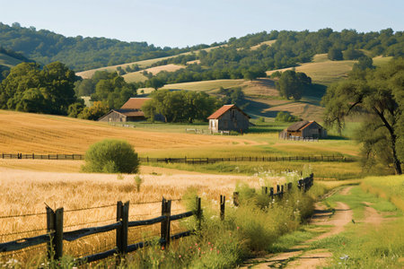 Immerse yourself in the tranquil countryside serenity, where rustic charm and natural beauty converge to create an idyllic escape.の素材