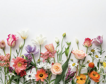 Discover elegance in bloom with a vibrant bunch of assorted flowers delicately arranged on a pristine soft background.の素材