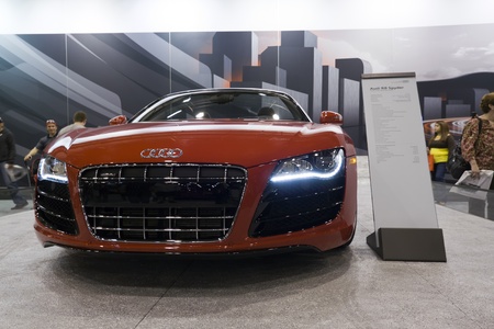 HOUSTON - JANUARY 2012: The 2012 Audi R8 Spyder sports car at the Houston International Auto Show on January 28, 2012 in Houston, Texas.のeditorial素材