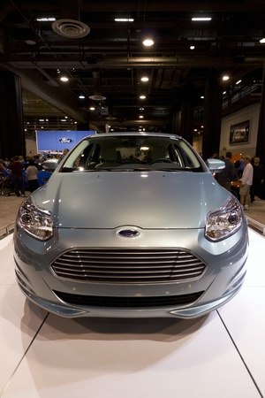 HOUSTON - JANUARY 2012: The Ford Focus Electric car at the Houston International Auto Show on January 28, 2012 in Houston, Texas.のeditorial素材