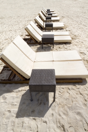 Rows of several lounge chairs on the beachの写真素材