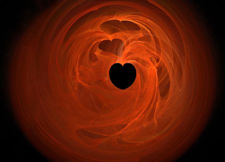 Heart background created from a fractal. The orange and red colors over black and the spiral movement of the lines give the illusion of fire around a heart.の写真素材