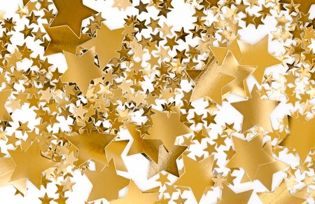 Golden stars on white background. Holidyay, Christmas, joy concept. Useful as seasonal greetings.