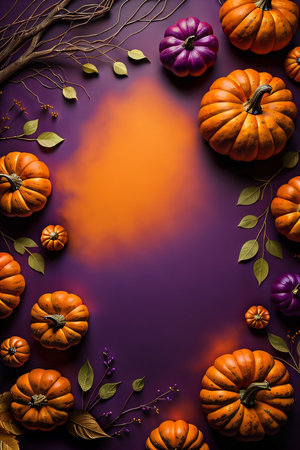 Elegant Halloween illustration. Autumn composition with orange pumpkins and leaves on purple background. Flat lay, top view, copy space. Perfect for halloween greeting cards.の素材