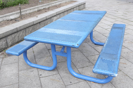 Integrated blue table and benchの写真素材