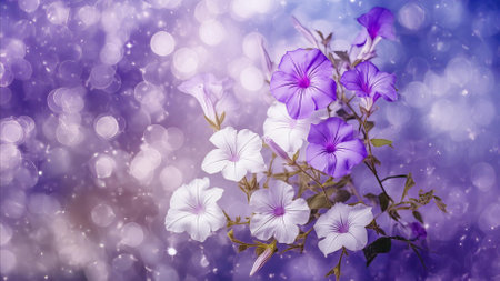 Illustration of morning glory flowers on purple background. AI Generated (Adobe Firefly) Morning glories are the image of summer flowers.の素材