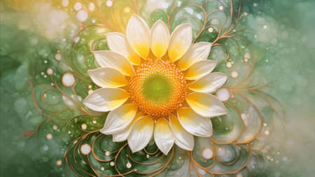 Illustration of sunflower on marbled pattern background. It has a calm atmosphere. AI Generated (Adobe Firefly)の素材