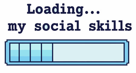 A humorous pixelated graphic showing a loading bar with the text Loading... social skills. A funny...
