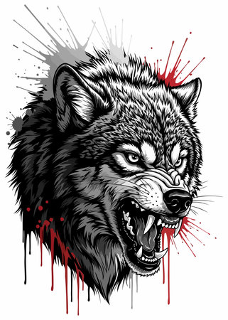 Wolf head with blood splashes. Vector illustration for your design.のイラスト素材