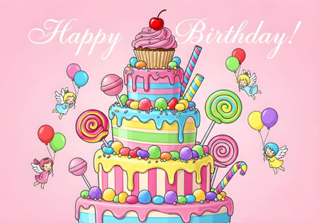 Birthday cake with candies, lollipops and cupcakes
