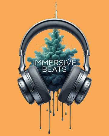music festival poster with headphones and pine tree over orange background. colorful design. vector...