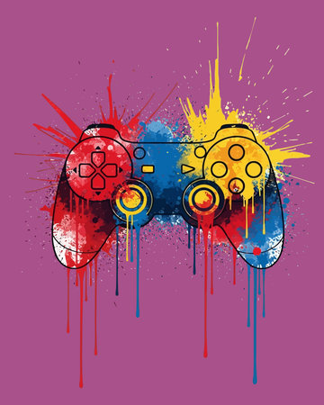 Gamepad and colorful splashes on grunge background. Vector illustration.