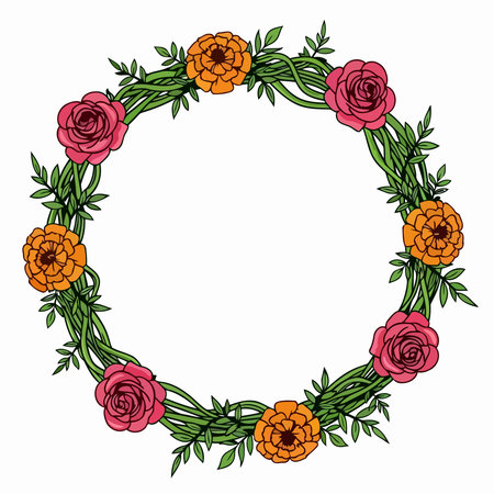 Round frame with rose and peony flowers. Vector clip art.のイラスト素材