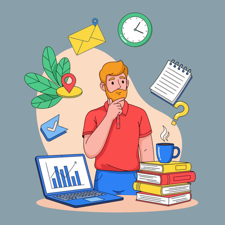 Vector illustration of a man with a beard in a red T-shirt sitting at the table with a laptop and a lot of things around him.のイラスト素材
