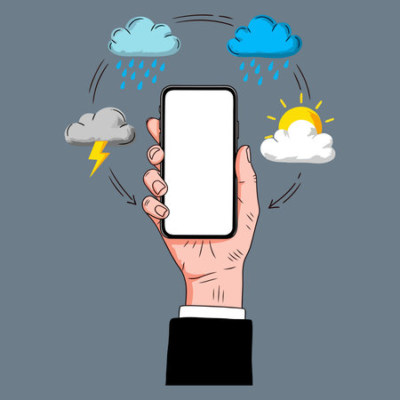 Hand holding a smartphone with cloud computing concept. Vector illustration in cartoon style.のイラスト素材