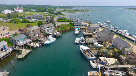 Aerial view of fishing boats moored in the marina.