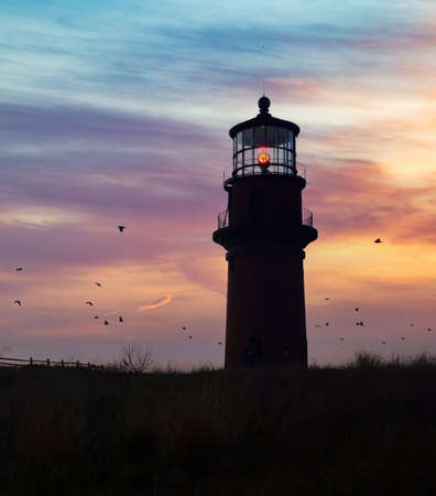 A vertical shot of a lighthouse at sunset with birds flying in the skyの写真素材