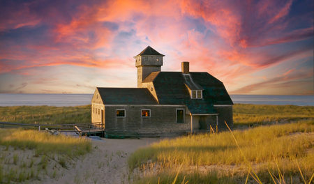Abandoned house on the dunes at sunrise, Cape Cod, Massachusettsの写真素材