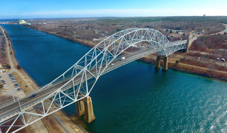 Aerial view of the railroad bridge over the Dnieper river in Kiev, Ukraine