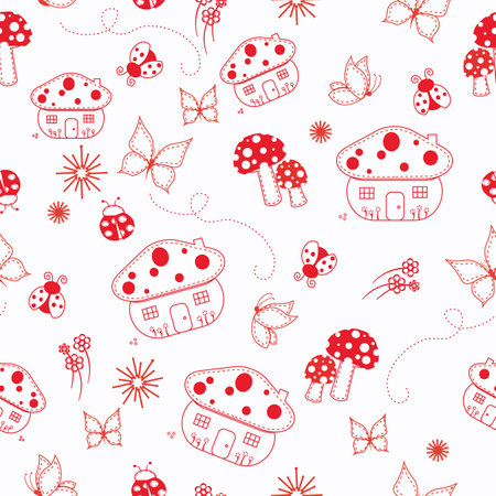 redwork mushrooms and bugs seamless vector repeat pattern. Vector illustration in red on white background. perfect for childrens clothes and cute projectsのイラスト素材