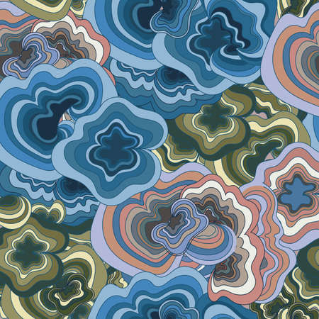 Blue and green Turkey tail mushroom seamless vector repeat pattern. Vector illustrationのイラスト素材