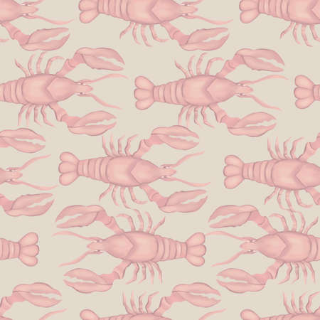 Pink lobsters marching seamless vector repeat pattern. Vector illustrationの写真素材