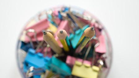 close up pencil top view and paper clipの写真素材