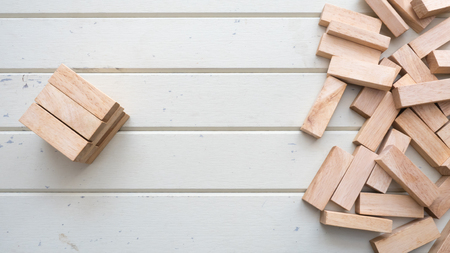 Wooden Building Blocks and wooden spread top viewの写真素材