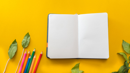 Leaves with notebook and color pencil on yellow background organic  concept desk table copyspaceの写真素材