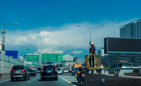 BANGKOK THAILAND -MAY 18 : traffic jam on express ways bridge in rush hour heart of bangkok 18,2017 in bangkok thailandのeditorial素材