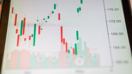 Charts of financial instruments with various type of indicators including volume analysis for professional technical analysis Smartphone and business stock application. Fundamental and technical analysis concept.の写真素材