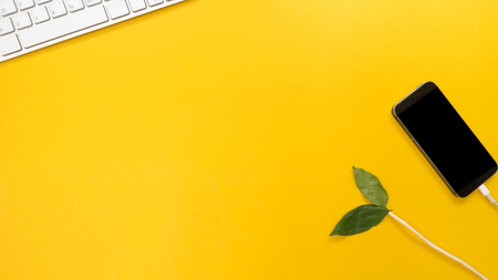 Smartphone and leaves with keyboard topview on yellow background business conceptの写真素材