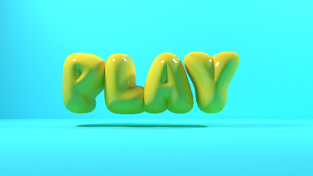 3d render yellow bubble plastic on blue light background letters play