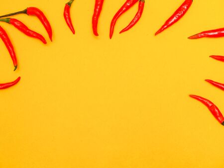red chilli on yellow background copyspaceの写真素材