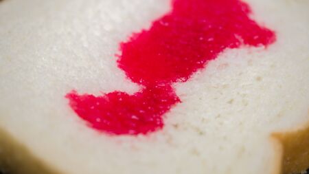 Bread and red nectar on a black plateの写真素材