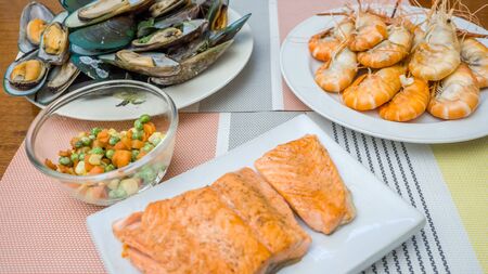 Mussels,salmon grilled,Grilled Shrimp.Seafood setの写真素材
