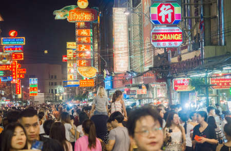 Bangkok, Thailand, Jan 2020: Chinatown street view of colorful neon shop signsのeditorial素材