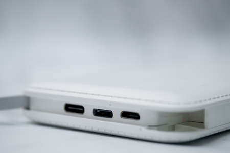 Powerbank close up on white backgroundの写真素材