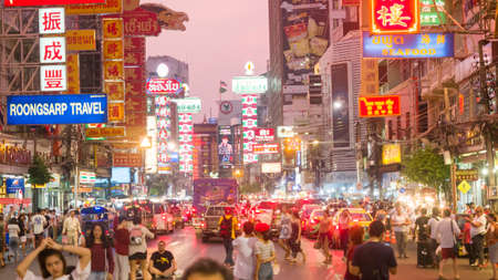 Bangkok, Thailand, Jan 2020: Chinatown street view of colorful neon shop signsのeditorial素材