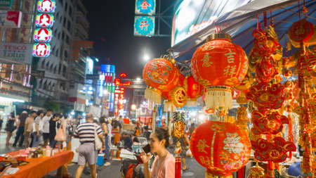 Bangkok, Thailand, Jan 2020: Chinatown street view of colorful neon shop signsのeditorial素材