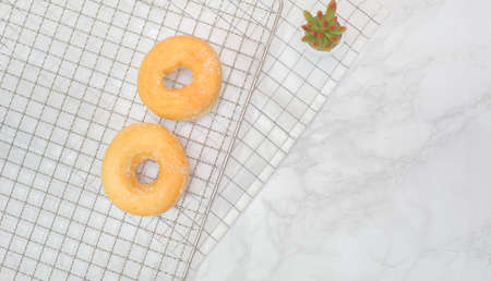 Homemade fried donuts with sugar and served.Top viewの写真素材