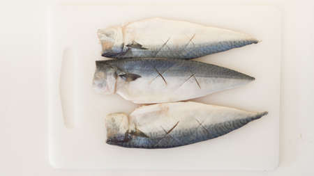 Saba fish prepared for cooking top viewの写真素材