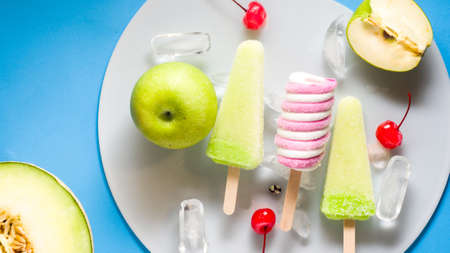 Green Apple Ice Cream with Cherry ice cream .Top viewの写真素材