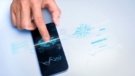 Male hand using online and icon. Technology Ecommerce Commercial. Online  digital and network connection. All on smartphone  screen are designed up.の写真素材