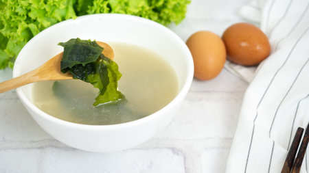 Wakame Seaweed Soup  close upの写真素材