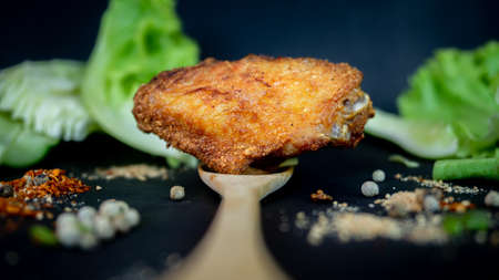 Fried Chicken with Spices black background.Top viewの写真素材