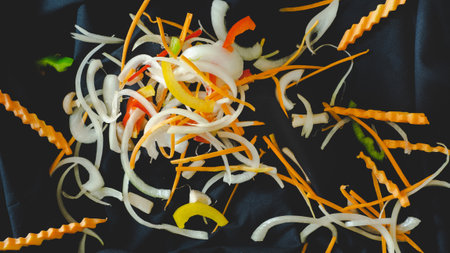 Colorful vegetables, carrots, onions, mushrooms, bell peppersの写真素材
