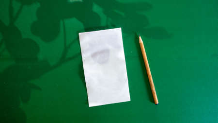 Blank greeting card, invitation with craft book note. Little green leaves and pencil green textured background. Flat lay, top view.の写真素材